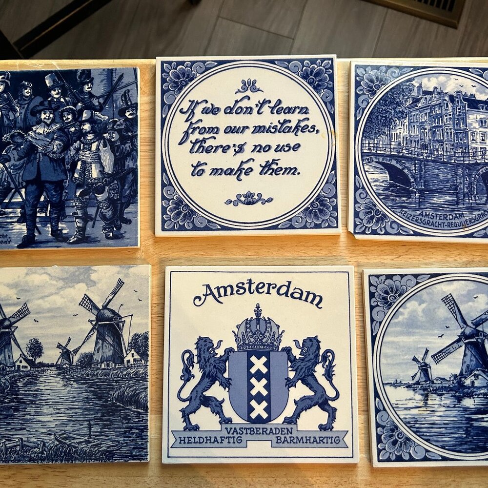 Delft Blue ceramic tiles x 6